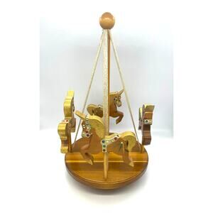 Vintage Handcrafted Wooden Carousel String / Ribbon Whirligig w/ Unicorns